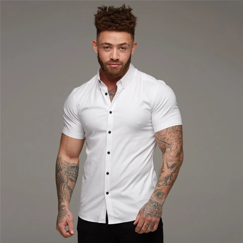 Men’s Summer Short Sleeve Slim Fit Solid Dress Shirt Business Casual Top