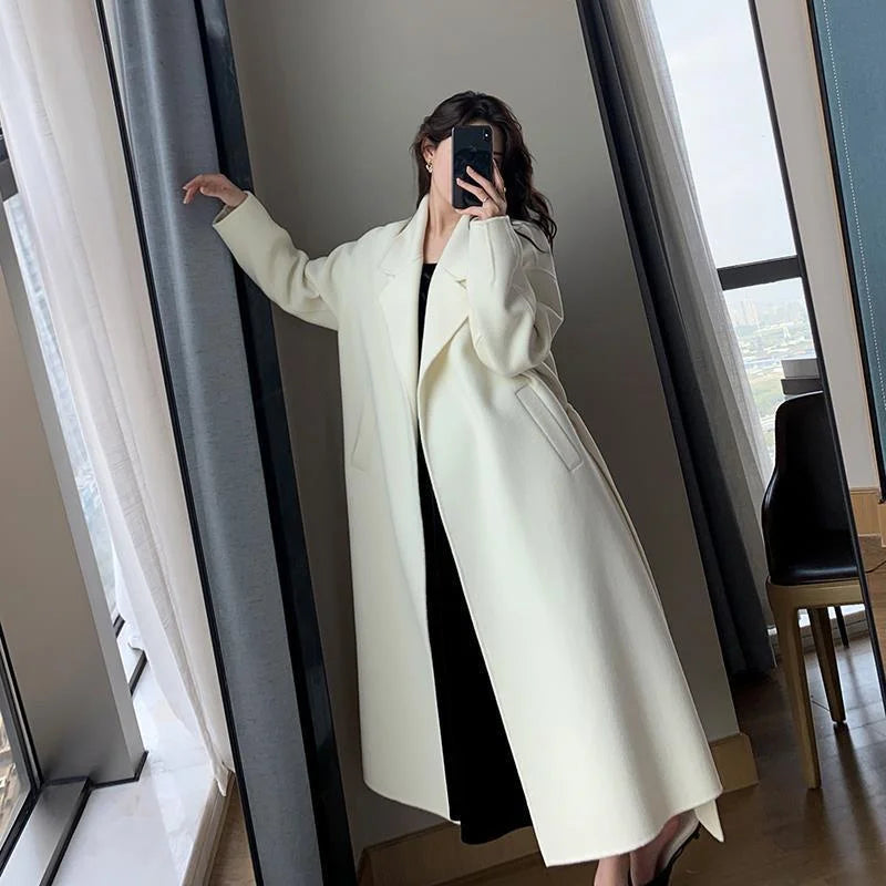 White Woolen Coat Women Autumn And Winter High-End Fashion Temperament Long Thick Blended Wool Windbreaker Female Jacket Belt 99 - trendingshoping.com