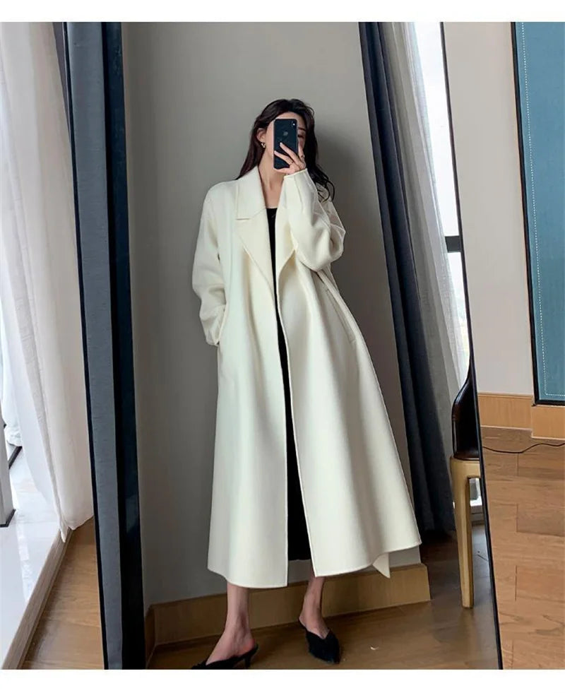 White Woolen Coat Women Autumn And Winter High-End Fashion Temperament Long Thick Blended Wool Windbreaker Female Jacket Belt 99 - trendingshoping.com