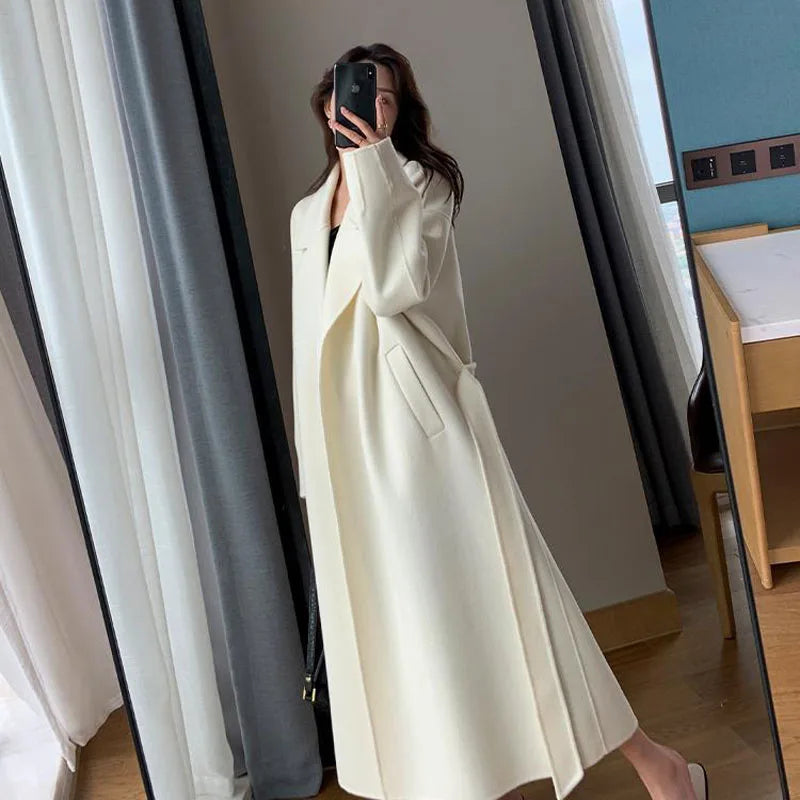 White Woolen Coat Women Autumn And Winter High-End Fashion Temperament Long Thick Blended Wool Windbreaker Female Jacket Belt 99 - trendingshoping.com