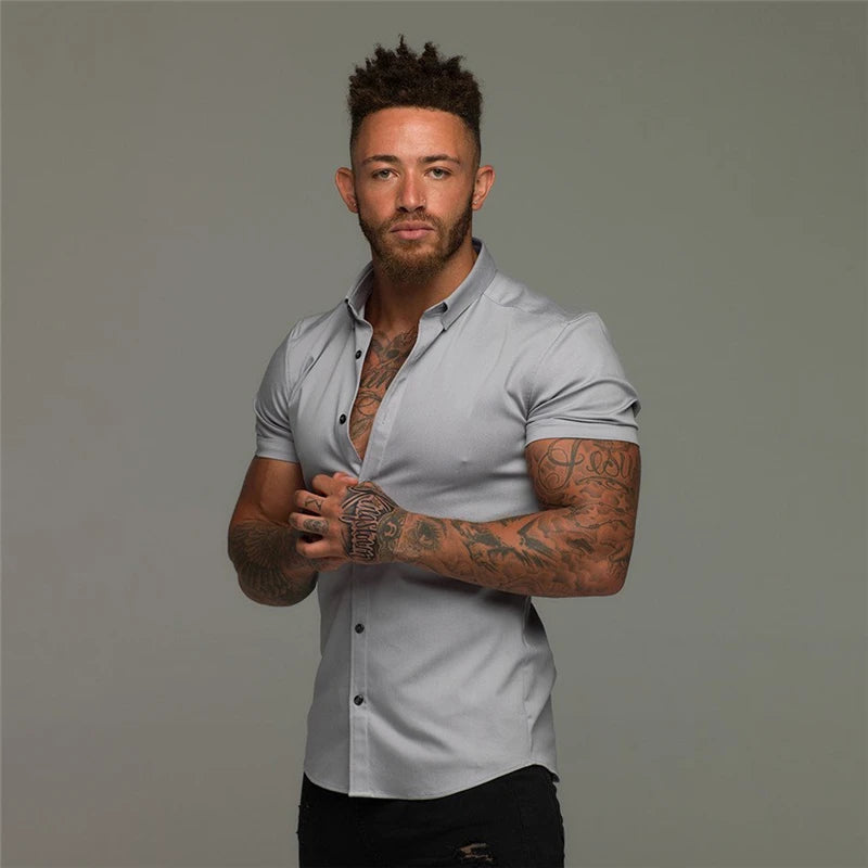Men’s Summer Short Sleeve Slim Fit Solid Dress Shirt Business Casual Top