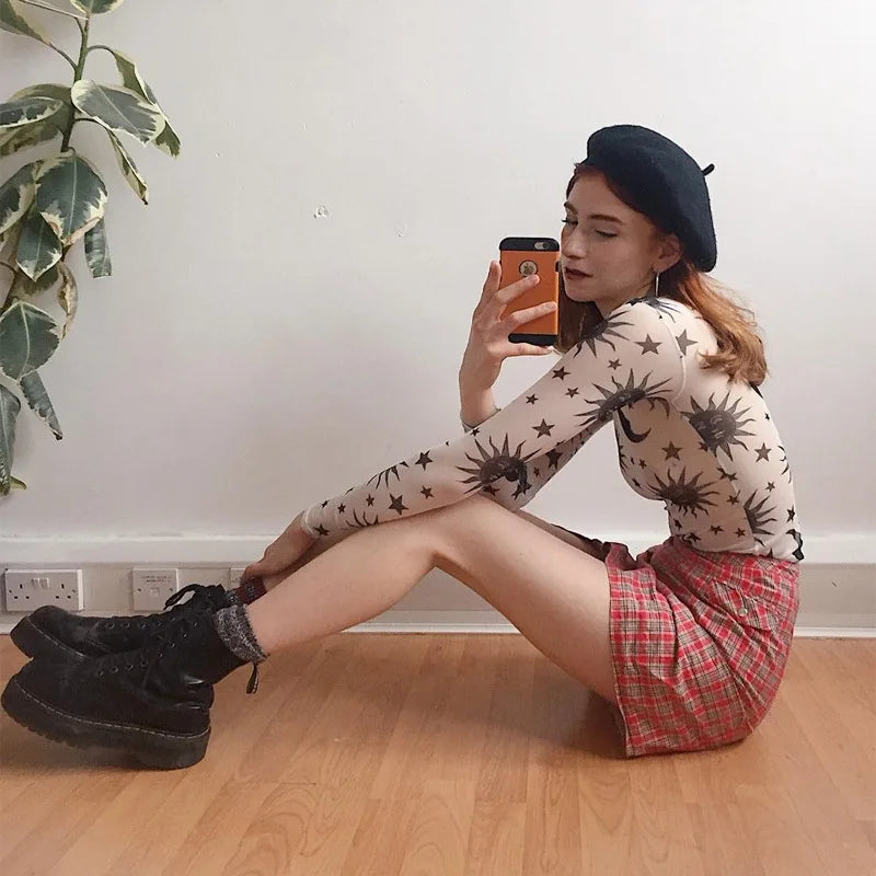 Women Mesh Long Sleeve T-Shirt Sun Moon Print Casual Top