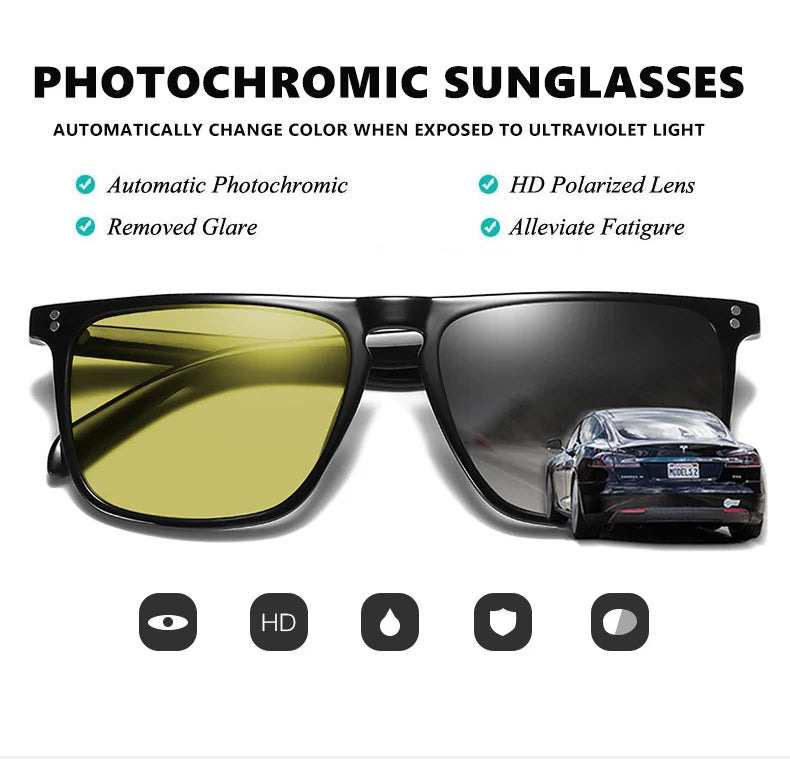 Rivet Square Photochromic Sunglasses Polarized Driving Glasses Men Women