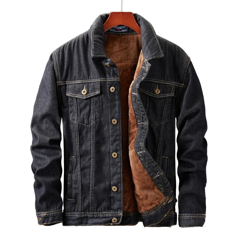 Winter Men Denim Jacket Thick Warm Fleece Lined Casual Cotton Outerwear Coat