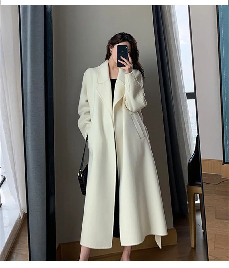 White Woolen Coat Women Autumn And Winter High-End Fashion Temperament Long Thick Blended Wool Windbreaker Female Jacket Belt 99 - trendingshoping.com