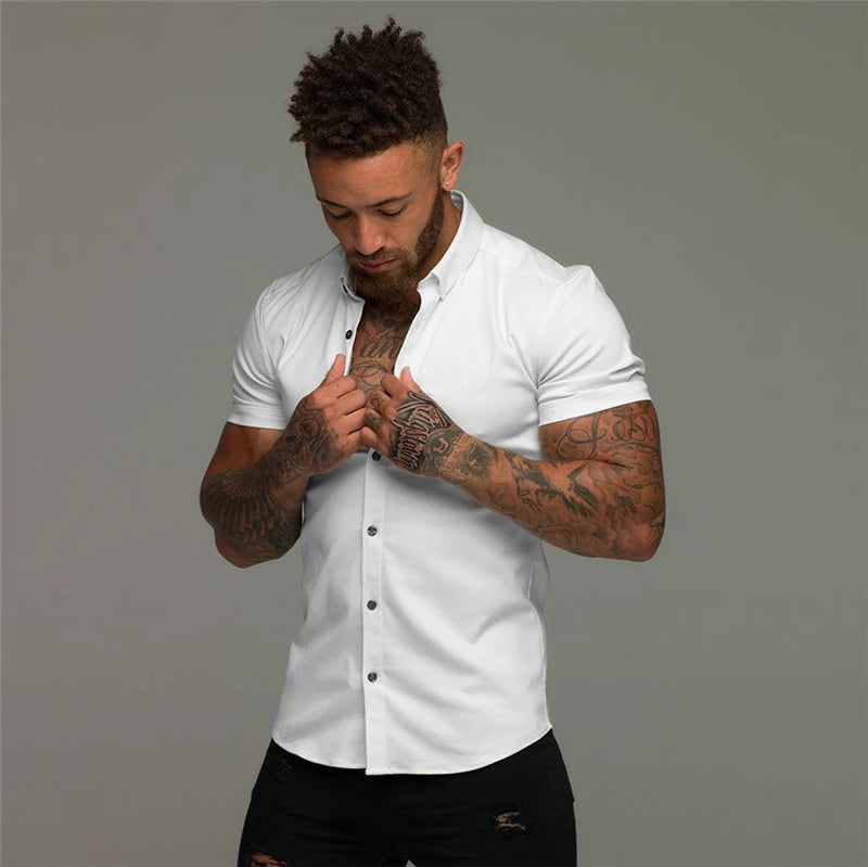 Men’s Summer Short Sleeve Slim Fit Solid Dress Shirt Business Casual Top