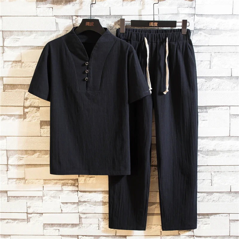 Men’s Summer Cotton Linen Shirt and Pants Set