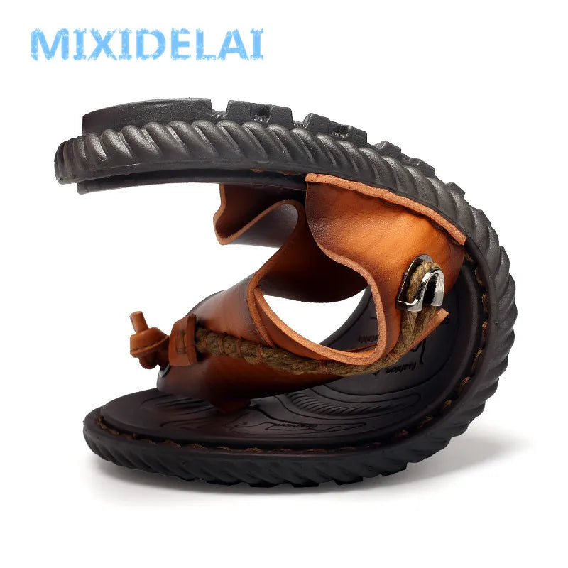 MIXIDELAI Men Sandals Summer Shoes Men Beach Sandals Brand Men Casual Shoes Flip Flops Leather Sneakers Men Slippers Size38-46