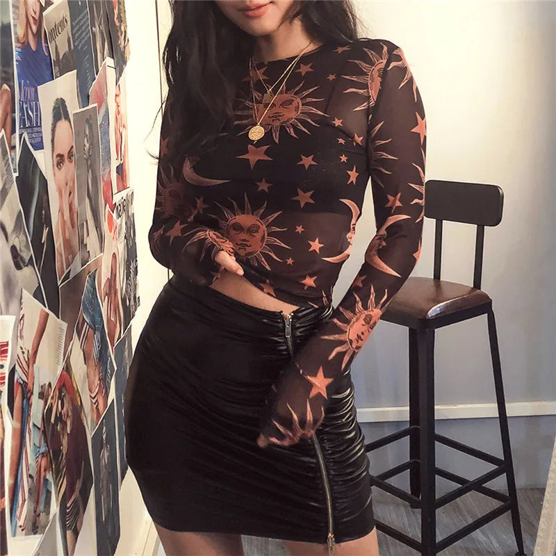 Women Mesh Long Sleeve T-Shirt Sun Moon Print Casual Top