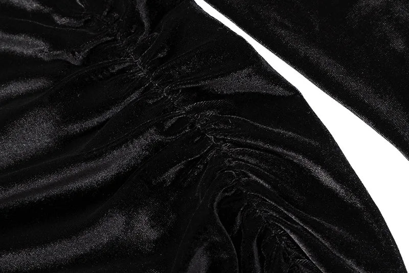 Women Long Sleeve Velvet Midi Dress Ruched Bodycon Style