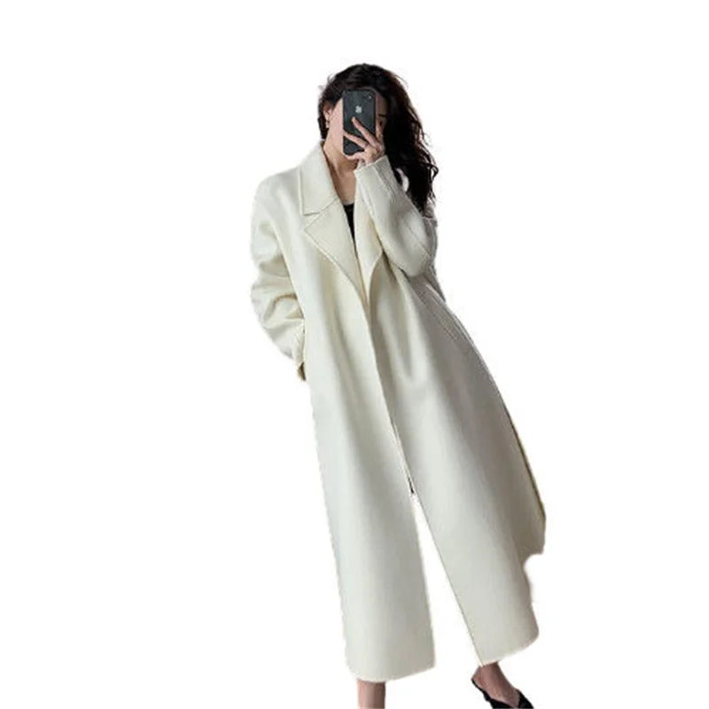 White Woolen Coat Women Autumn And Winter High-End Fashion Temperament Long Thick Blended Wool Windbreaker Female Jacket Belt 99 - trendingshoping.com