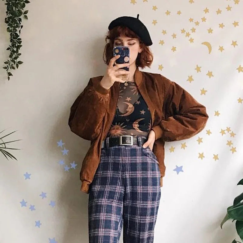 Women Mesh Long Sleeve T-Shirt Sun Moon Print Casual Top