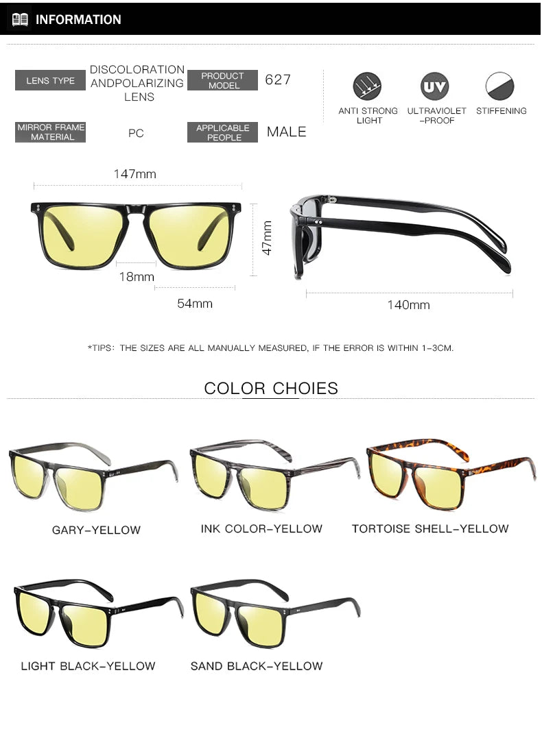 Rivet Square Photochromic Sunglasses Polarized Driving Glasses Men Women