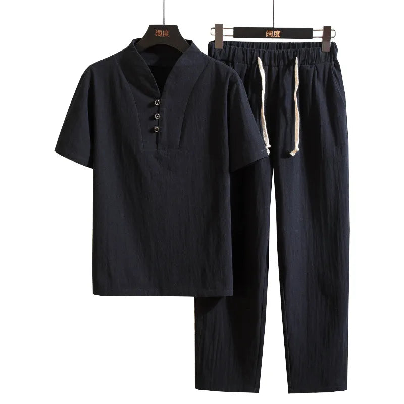 Men’s Summer Cotton Linen Shirt and Pants Set