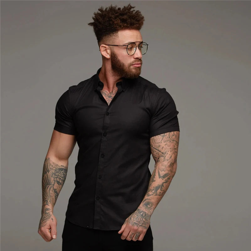 Men’s Summer Short Sleeve Slim Fit Solid Dress Shirt Business Casual Top