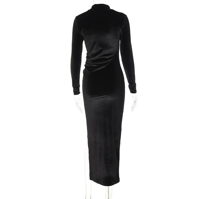 Women Long Sleeve Velvet Midi Dress Ruched Bodycon Style
