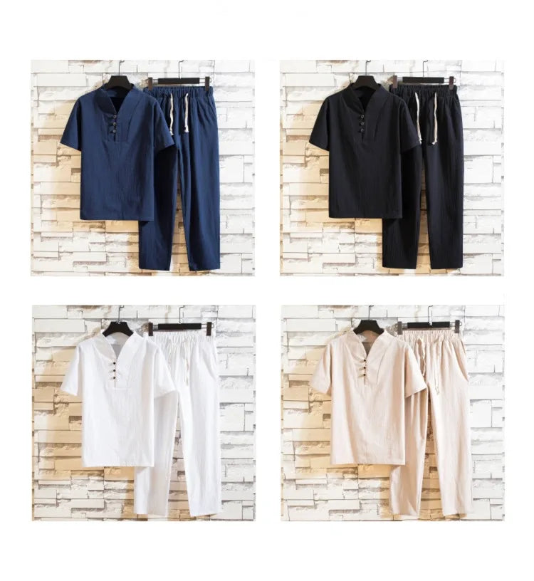 Men’s Summer Cotton Linen Shirt and Pants Set