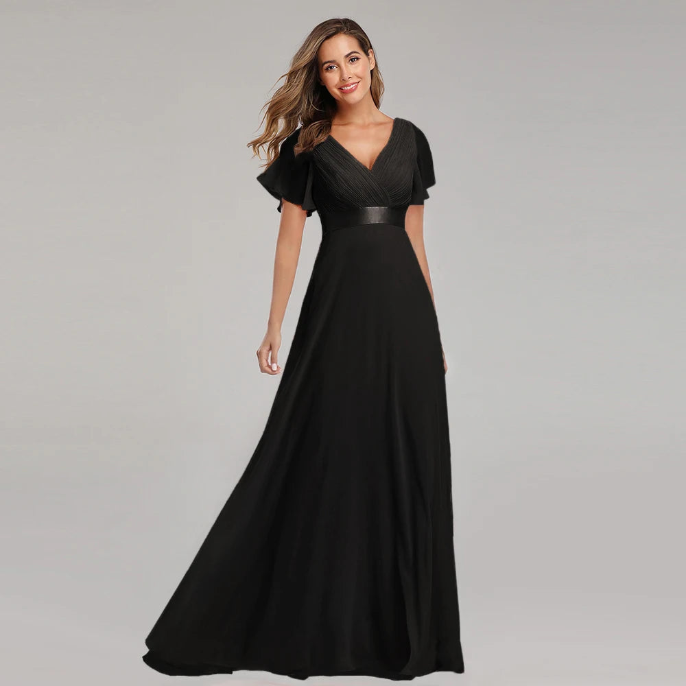 XUCTHHC Women's Elegant V-Neck Chiffon Evening Gown - Ruffle Formal Wedding Guest Dress