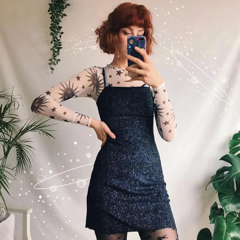 Women Mesh Long Sleeve T-Shirt Sun Moon Print Casual Top