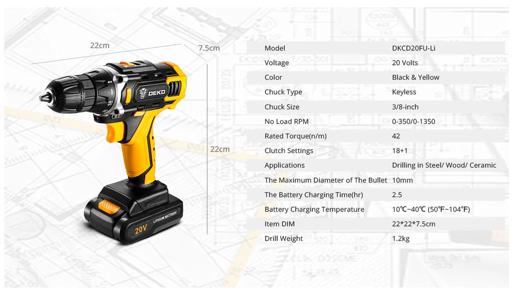 DEKO Cordless Drill 2 Speed Electric Screwdriver with Lithium Battery