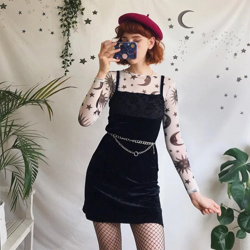 Women Mesh Long Sleeve T-Shirt Sun Moon Print Casual Top