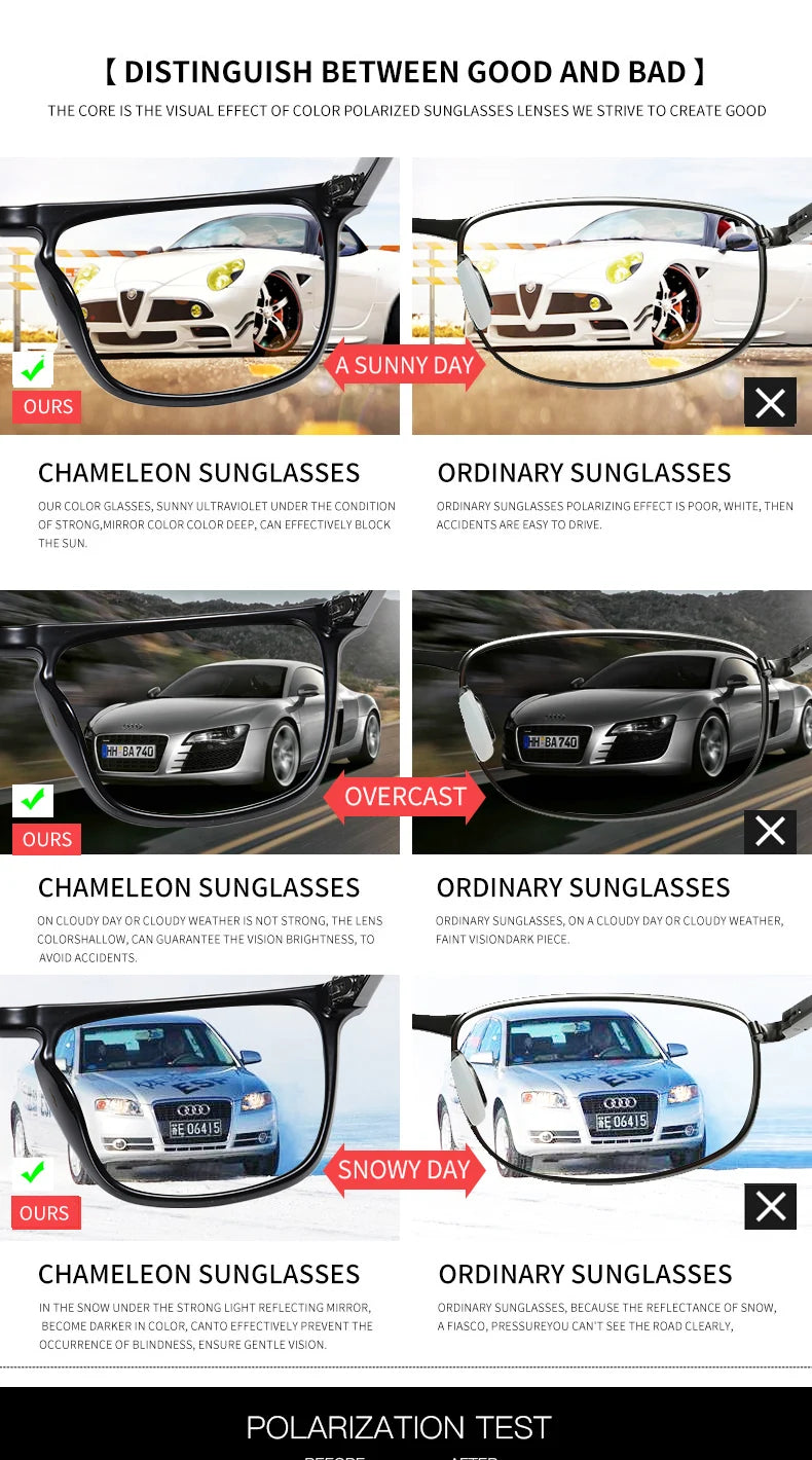 Rivet Square Photochromic Sunglasses Polarized Driving Glasses Men Women