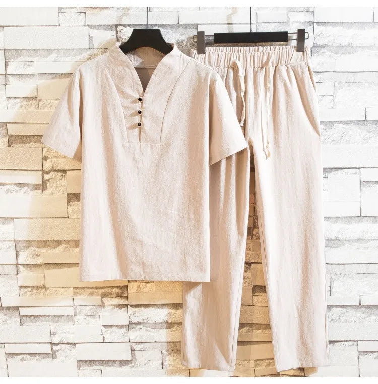 Men’s Summer Cotton Linen Shirt and Pants Set