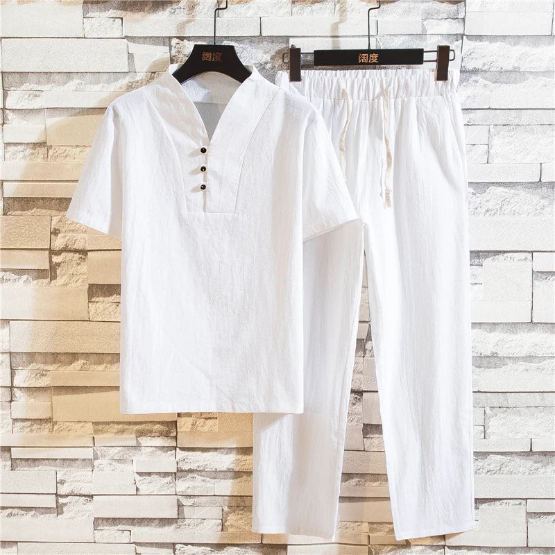 Men’s Summer Cotton Linen Shirt and Pants Set