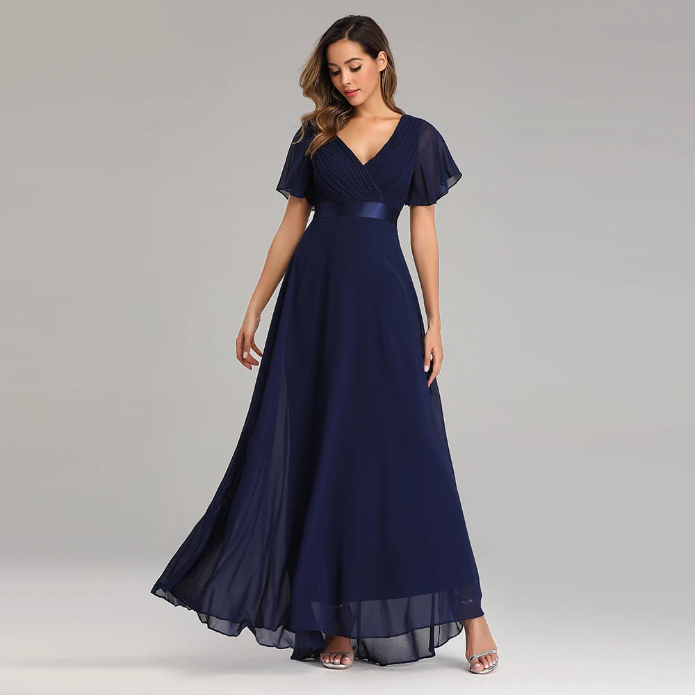 XUCTHHC Women's Elegant V-Neck Chiffon Evening Gown - Ruffle Formal Wedding Guest Dress