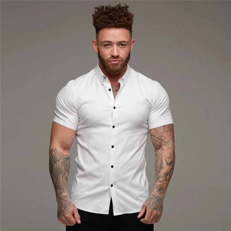 Men’s Summer Short Sleeve Slim Fit Solid Dress Shirt Business Casual Top
