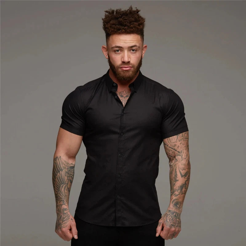 Men’s Summer Short Sleeve Slim Fit Solid Dress Shirt Business Casual Top