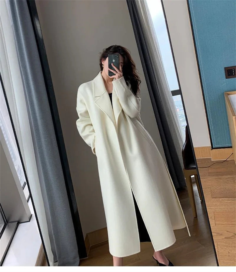 White Woolen Coat Women Autumn And Winter High-End Fashion Temperament Long Thick Blended Wool Windbreaker Female Jacket Belt 99 - trendingshoping.com
