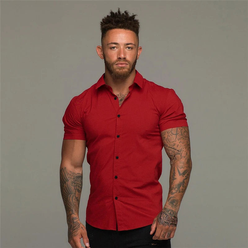 Men’s Summer Short Sleeve Slim Fit Solid Dress Shirt Business Casual Top