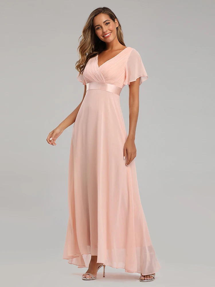 XUCTHHC Women's Elegant V-Neck Chiffon Evening Gown - Ruffle Formal Wedding Guest Dress