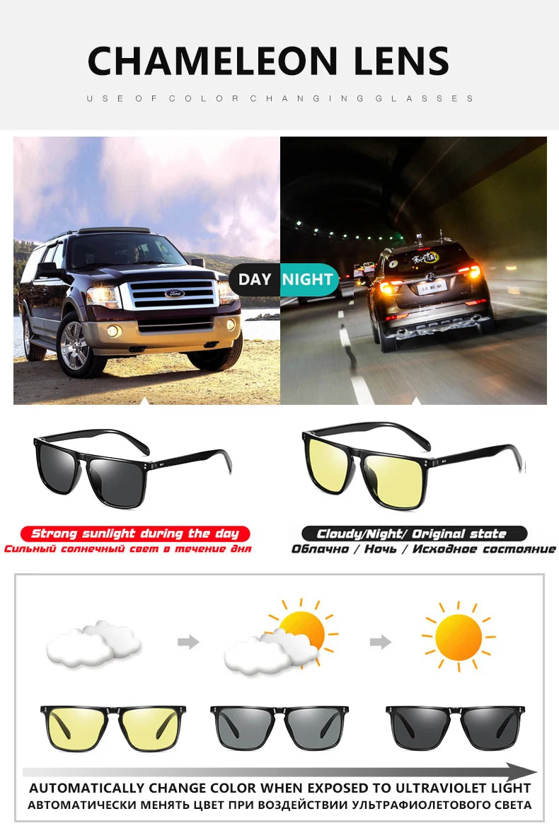 Rivet Square Photochromic Sunglasses Polarized Driving Glasses Men Women