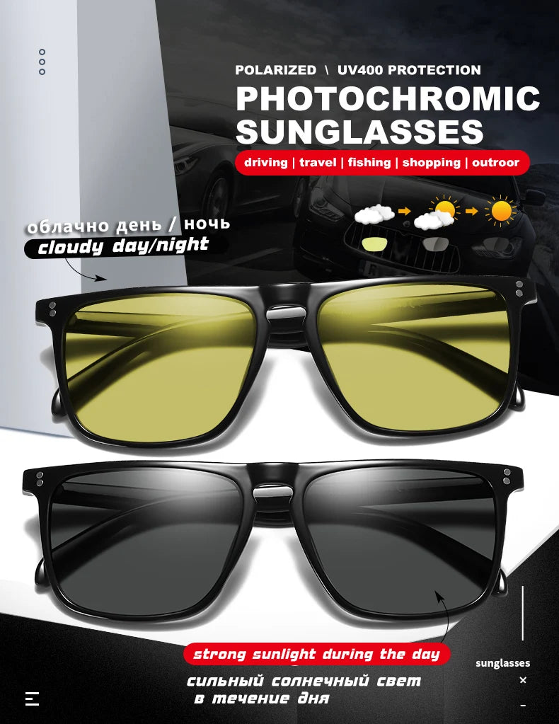 Rivet Square Photochromic Sunglasses Polarized Driving Glasses Men Women