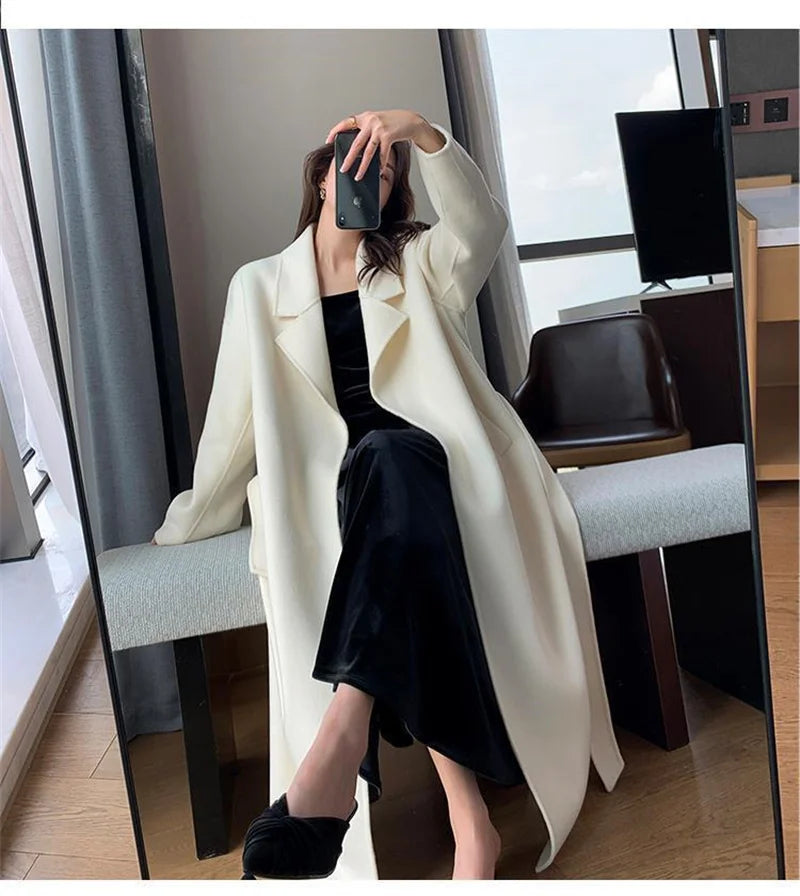White Woolen Coat Women Autumn And Winter High-End Fashion Temperament Long Thick Blended Wool Windbreaker Female Jacket Belt 99 - trendingshoping.com