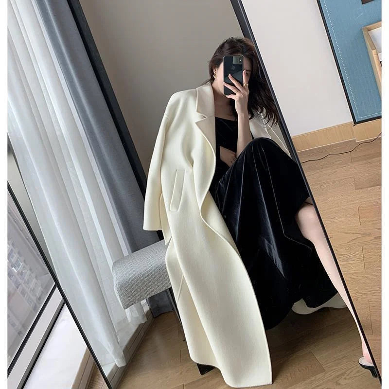 White Woolen Coat Women Autumn And Winter High-End Fashion Temperament Long Thick Blended Wool Windbreaker Female Jacket Belt 99 - trendingshoping.com
