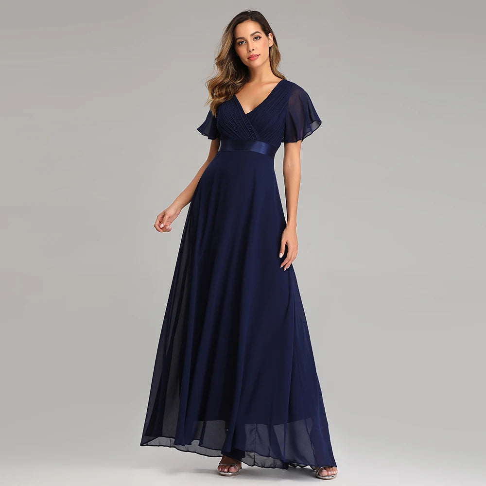XUCTHHC Women's Elegant V-Neck Chiffon Evening Gown - Ruffle Formal Wedding Guest Dress