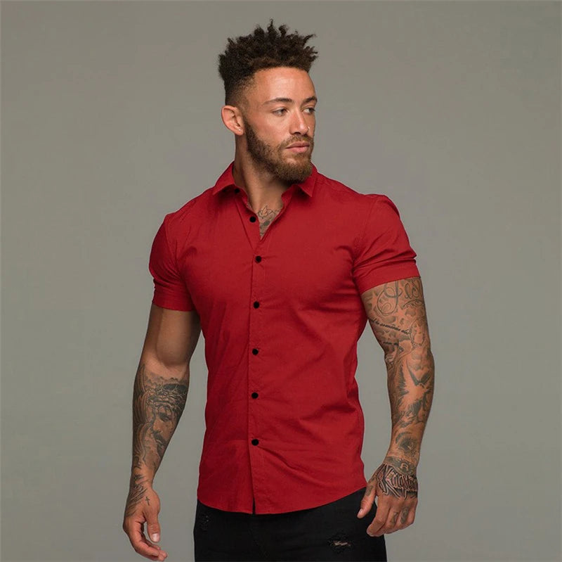 Men’s Summer Short Sleeve Slim Fit Solid Dress Shirt Business Casual Top