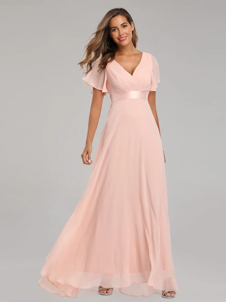 XUCTHHC Women's Elegant V-Neck Chiffon Evening Gown - Ruffle Formal Wedding Guest Dress