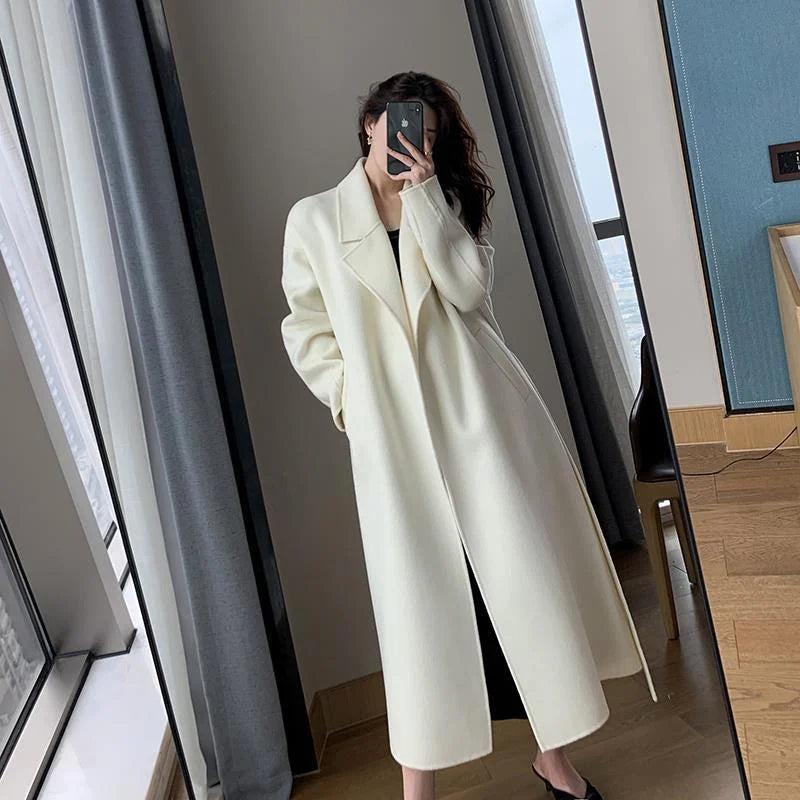 White Woolen Coat Women Autumn And Winter High-End Fashion Temperament Long Thick Blended Wool Windbreaker Female Jacket Belt 99 - trendingshoping.com