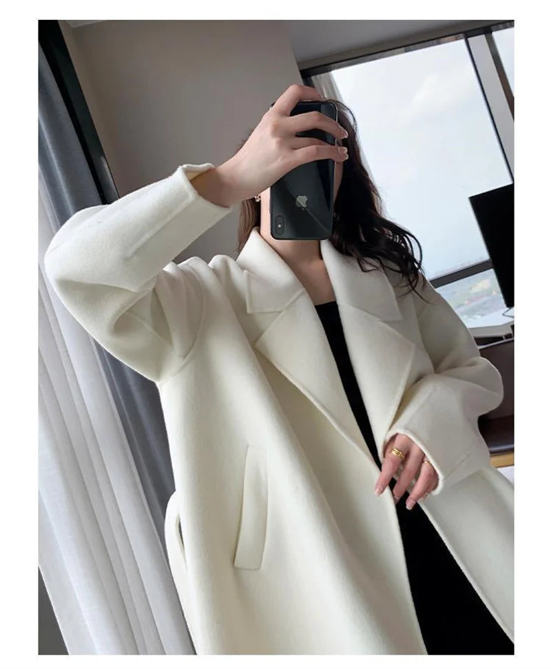 White Woolen Coat Women Autumn And Winter High-End Fashion Temperament Long Thick Blended Wool Windbreaker Female Jacket Belt 99 - trendingshoping.com