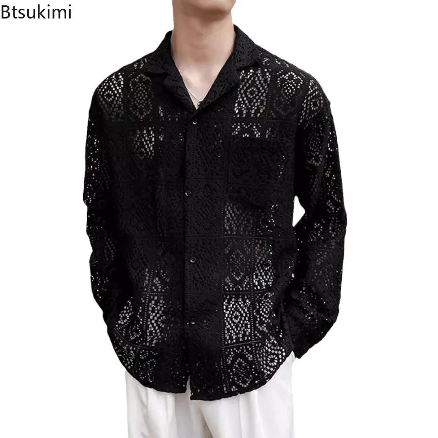 Fashion Hollow Out Shirts for Men Transparent Mesh Lace Long Sleeve Shirts Retro Elegant Breathable Tops Male Streetwear Popular