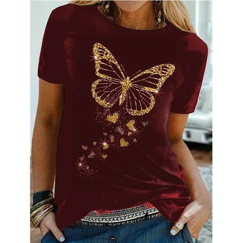 Golden Butterfly Print Women’s Casual T Shirt Short Sleeve O Neck Top