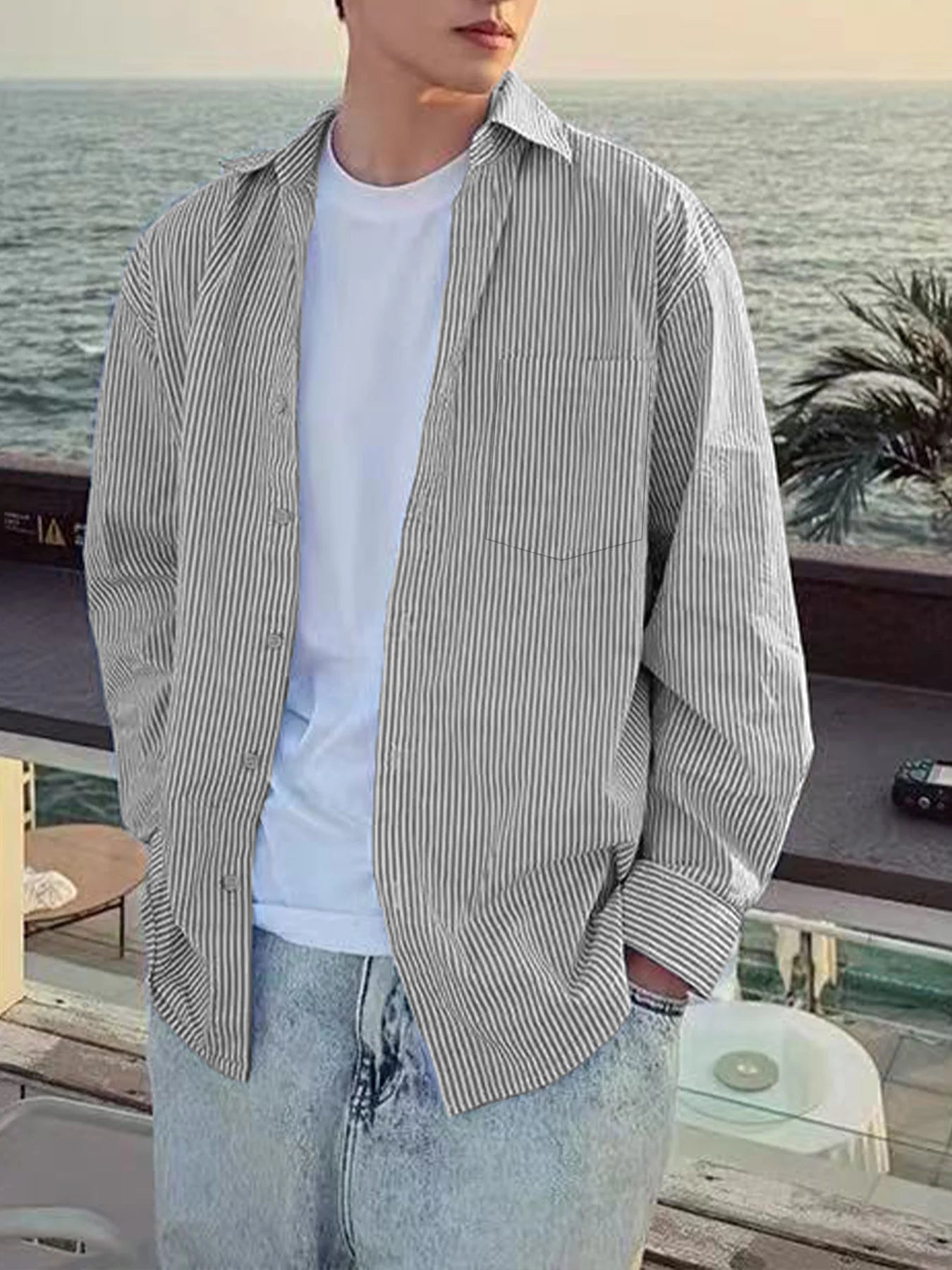 Men's Striped Shirt for Spring and Autumn, Trendy and Versatile, Niche Design, Vintage Long-Sleeve Striped Shirt