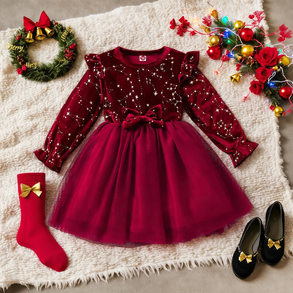 Girls Autumn Winter Velvet Long Sleeve Princess Dress With Mesh Bow Party Festive Wear