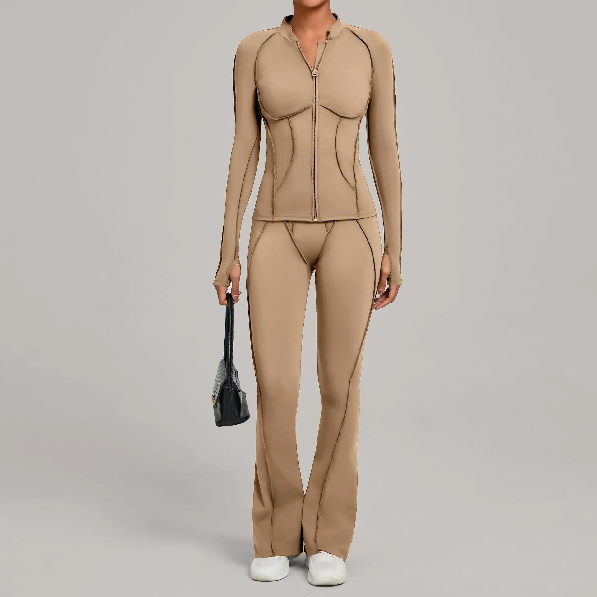 Women’s 2-Piece Zipper Gym Set - Long Sleeve Tracksuit & High-Waist Yoga Pants