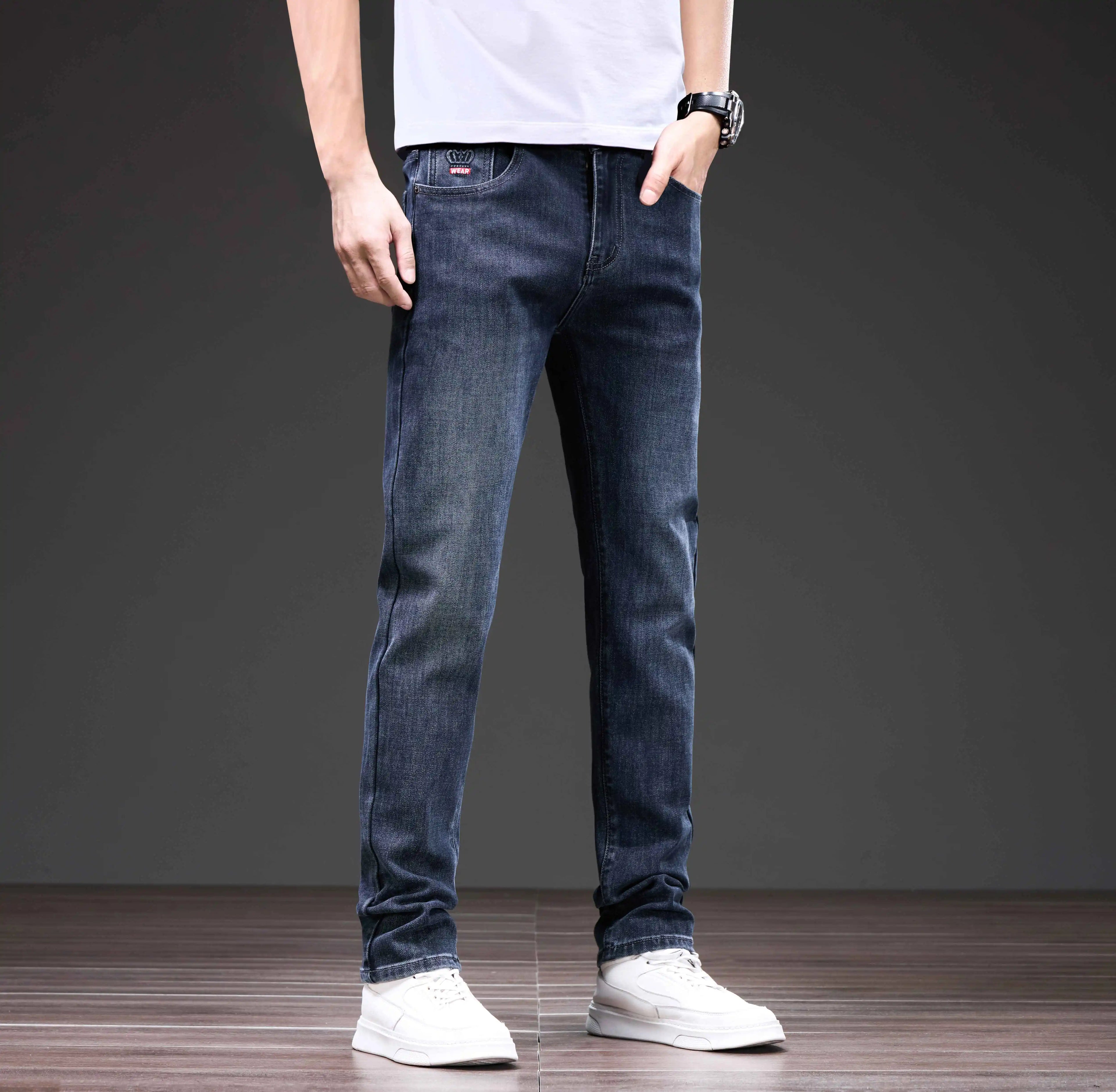 Men's Loose Straight Leg Jeans - Slightly Stretch Casual Denim Pants, Blue/Black