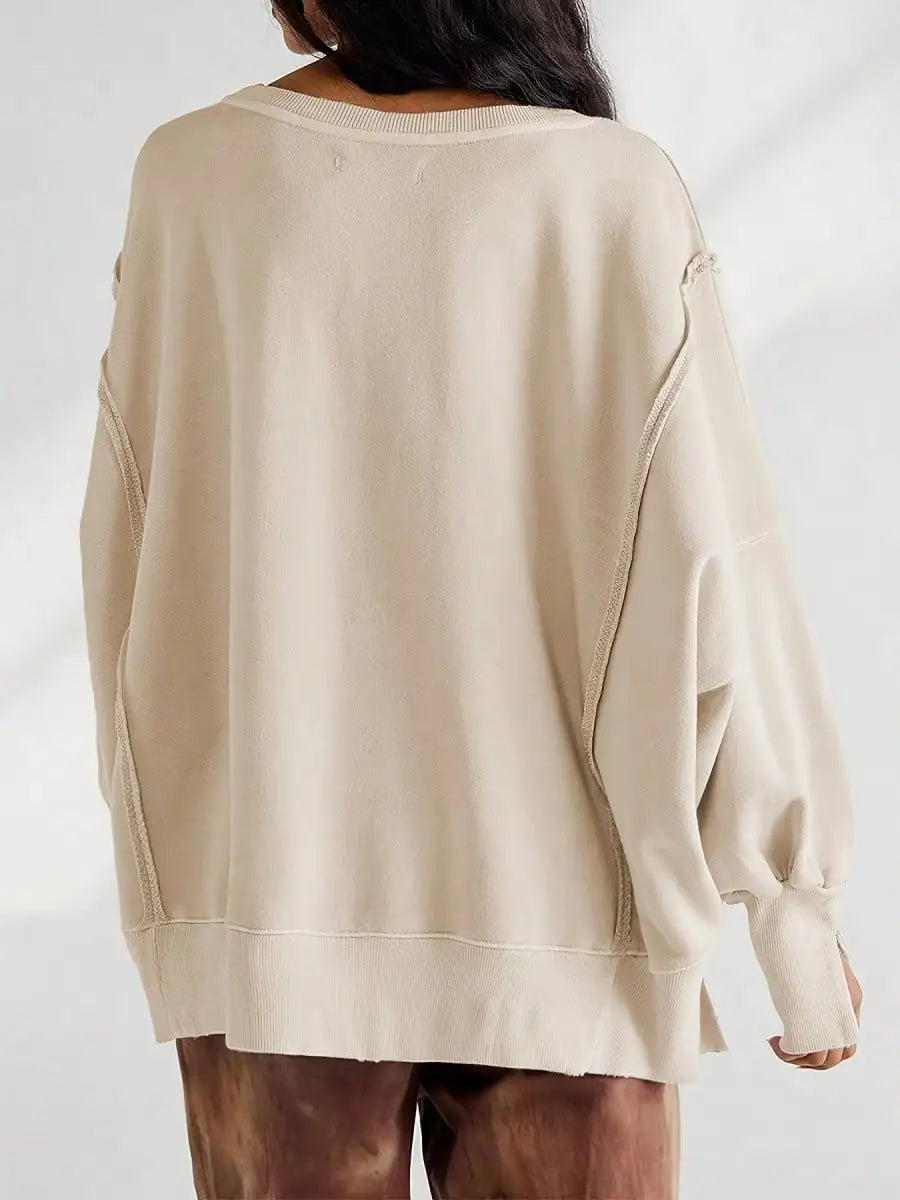 Women Spring Autumn Long Sleeve Loose Tops Crew Neck Striped Side Slits Shirt Casual Pullover Sweatshirt Tops